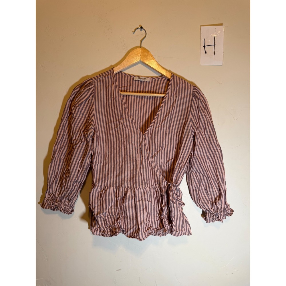 Madewell Top Wrap Peplum Striped Pink Brown US Women XXS